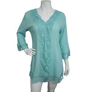Isaac Mizrahi Daisy Crochet Trim Gauze Swim Cover Up Tunic Aqua Mint